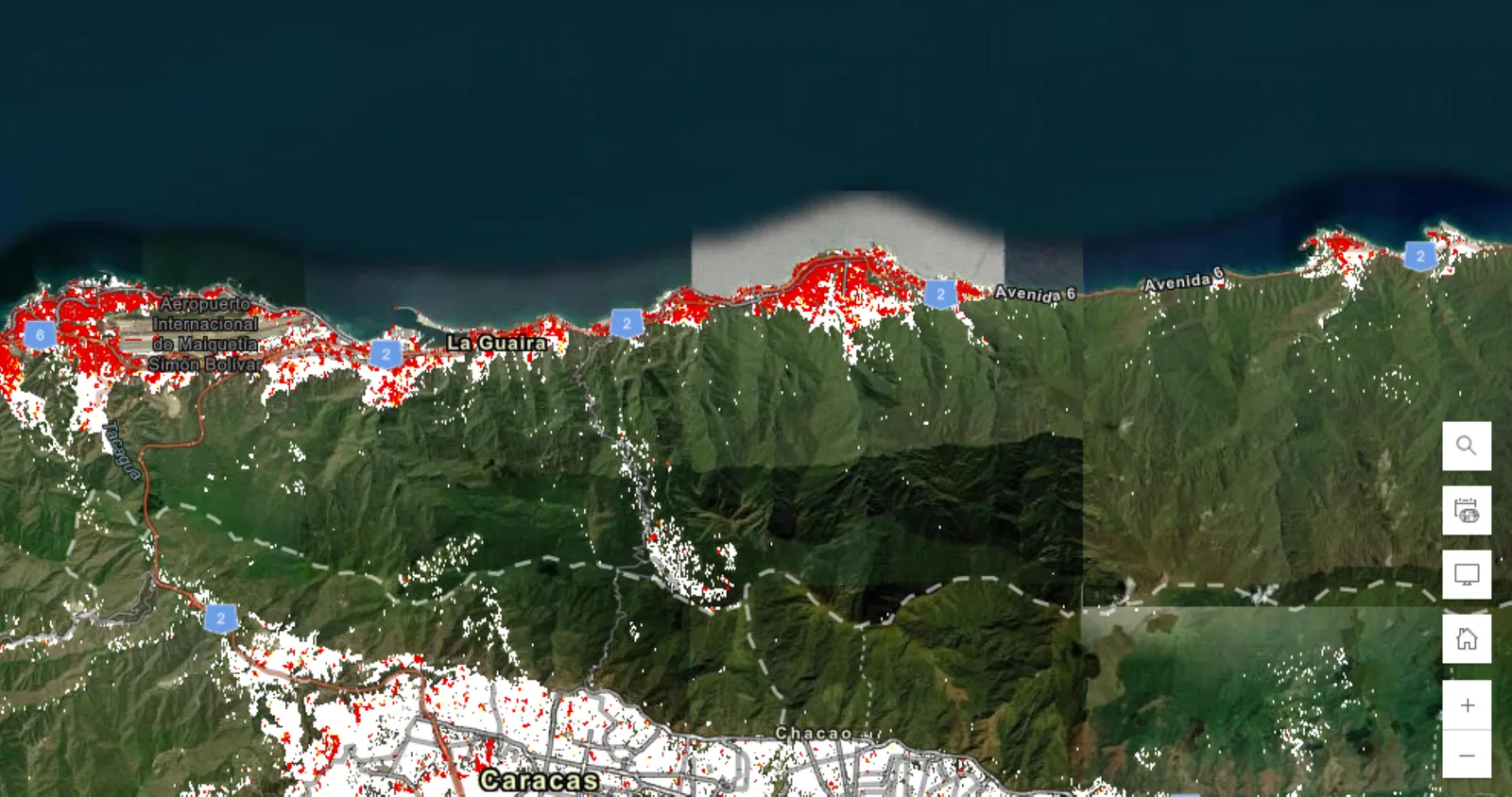 NASA satellite map showing ground displacement along the Venezuelan coast after the June 24, 2026 earthquakes. Red dots mark areas with over 75% probability of damage.