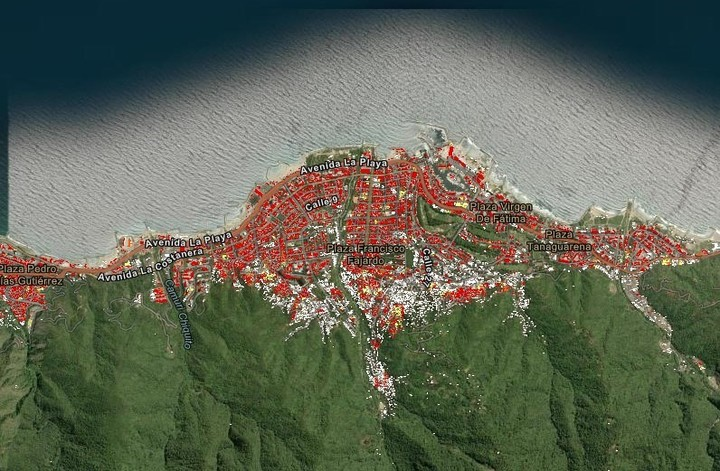 NASA satellite capture showing ground displacement in devastated zones of La Guaira, Venezuela after the two earthquakes of June 24, 2026. Red dots mark areas with over 75% probability of damage.